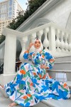 Yaprak Desen Mevlana Tesettur Elbise - Mavi̇ Yaprak Desen Mevlana Tesettur Elbise - Mavi̇