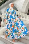 Yaprak Desen Mevlana Tesettur Elbise - Mavi̇ Yaprak Desen Mevlana Tesettur Elbise - Mavi̇