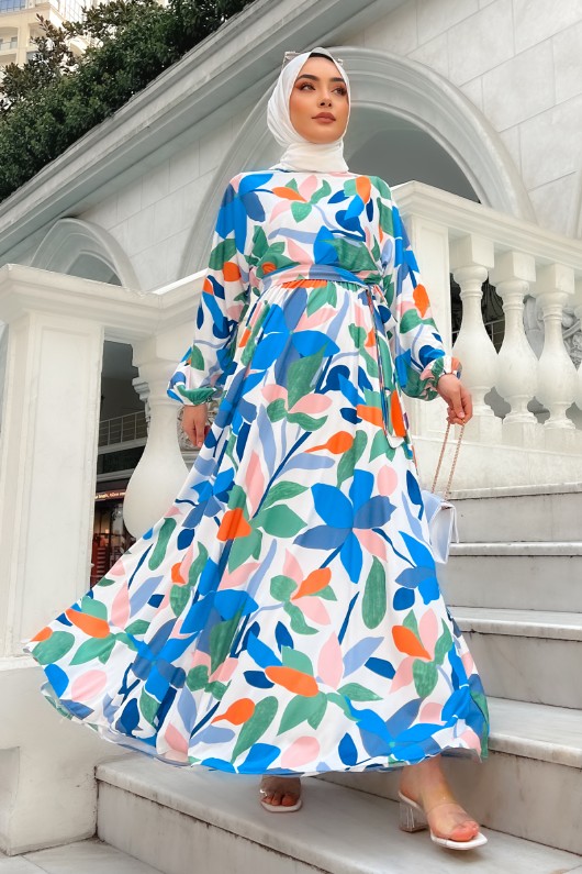 Yaprak Desen Mevlana Tesettur Elbise - Mavi̇ Yaprak Desen Mevlana Tesettur Elbise - Mavi̇