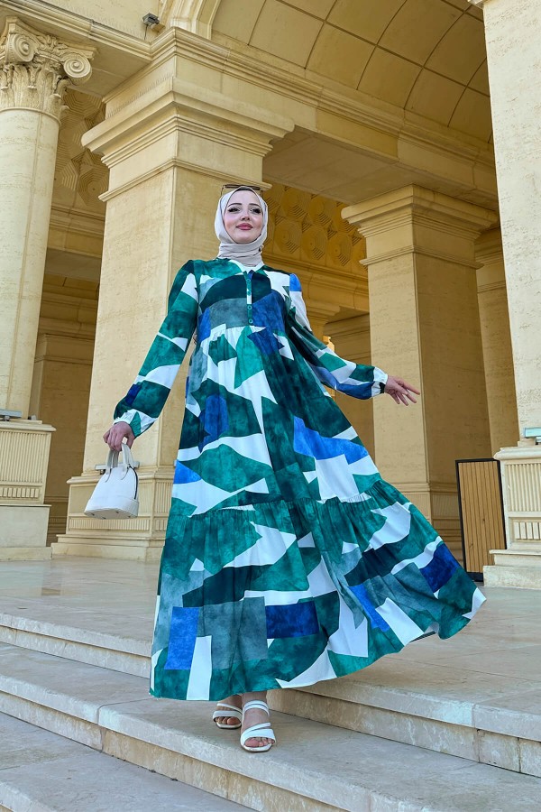 Alya Desenli Elbise - Yeşil