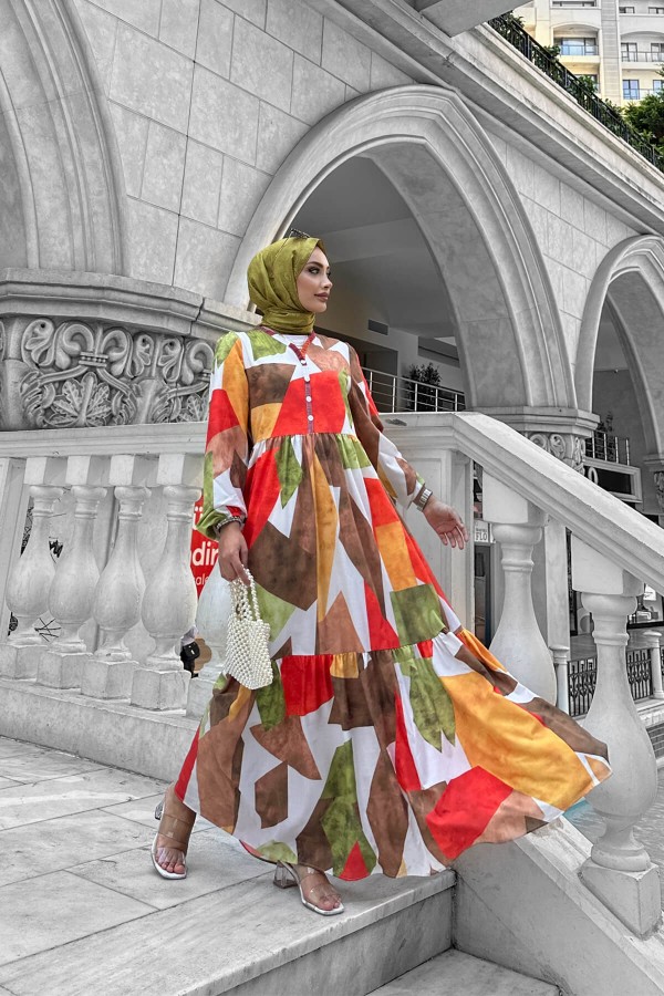 Alya Desenli Elbise - Turuncu Alya Desenli Elbise - Turuncu