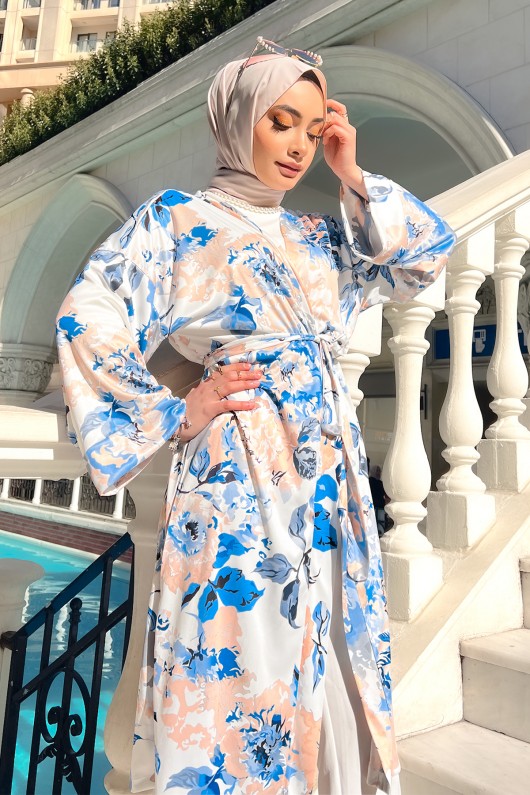 Lilyum Desenli Tesettür Kimono - Mavi̇ Lilyum Desenli Tesettür Kimono - Mavi̇