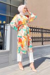 Yaprak Desenli Tesettür Kimono - Turuncu Yaprak Desenli Tesettür Kimono - Turuncu