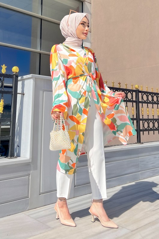 Yaprak Desenli Tesettür Kimono - Turuncu Yaprak Desenli Tesettür Kimono - Turuncu