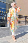 Yaprak Desenli Tesettür Kimono - Turuncu Yaprak Desenli Tesettür Kimono - Turuncu