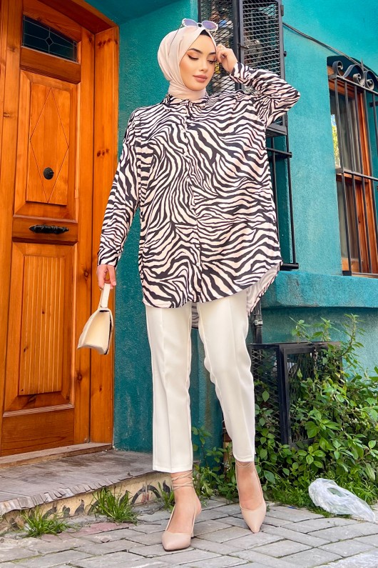 Zebra Desen Tesettür Tunik - Si̇yah Zebra Desen Tesettür Tunik - Si̇yah