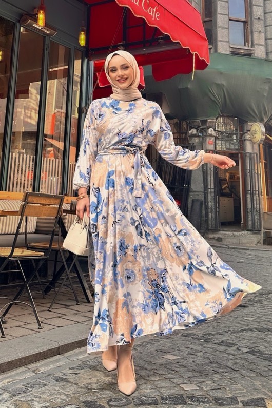 New Yarasa Kol Lilyum Desen Elbise - Mavi New Yarasa Kol Lilyum Desen Elbise - Mavi