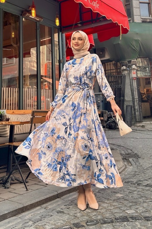 New Yarasa Kol Lilyum Desen Elbise - Mavi New Yarasa Kol Lilyum Desen Elbise - Mavi