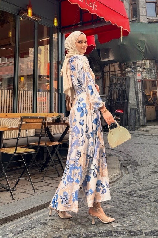 New Yarasa Kol Lilyum Desen Elbise - Mavi New Yarasa Kol Lilyum Desen Elbise - Mavi