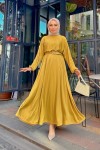 New Leydi Kemer Detaylı Düz Elbise - Yağ Yeşili