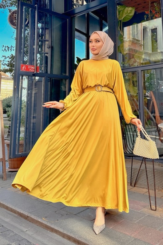 New Leydi Kemer Detaylı Düz Elbise - Yağ Yeşili