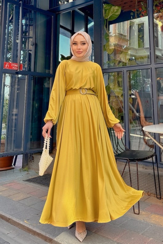 New Leydi Kemer Detaylı Düz Elbise - Yağ Yeşili