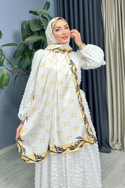 Defne Desenli Ipek Şal - Oranj Defne Desenli Ipek Şal - Oranj