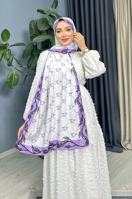 Defne Desenli Ipek Şal - Lila Defne Desenli Ipek Şal - Lila