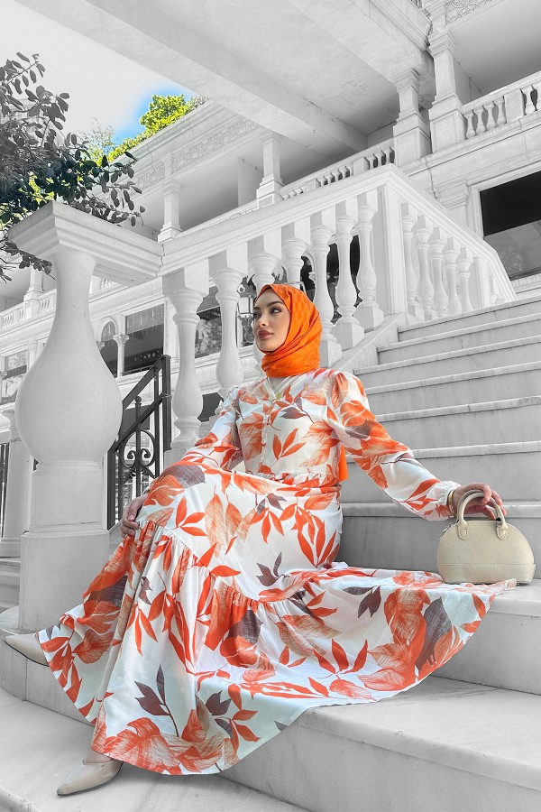 Rüya Desenli Elbise - Turuncu