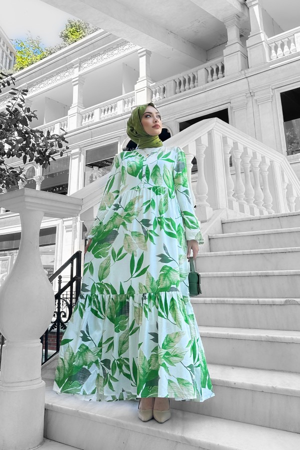 Rüya Desenli Elbise - Zümrüt Yeşili