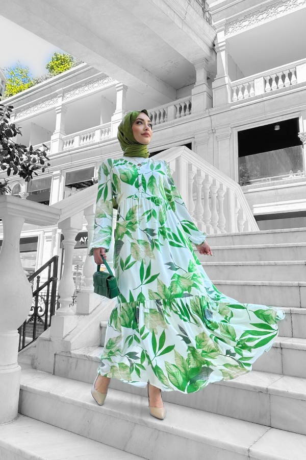 Rüya Desenli Elbise - Zümrüt Yeşili