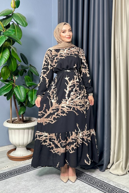 Venedik Desenli Elbise - Siyah