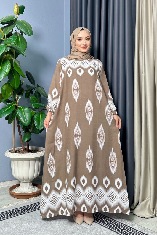 Dubai Desenli Elbise - Kahverengi Dubai Desenli Elbise - Kahverengi