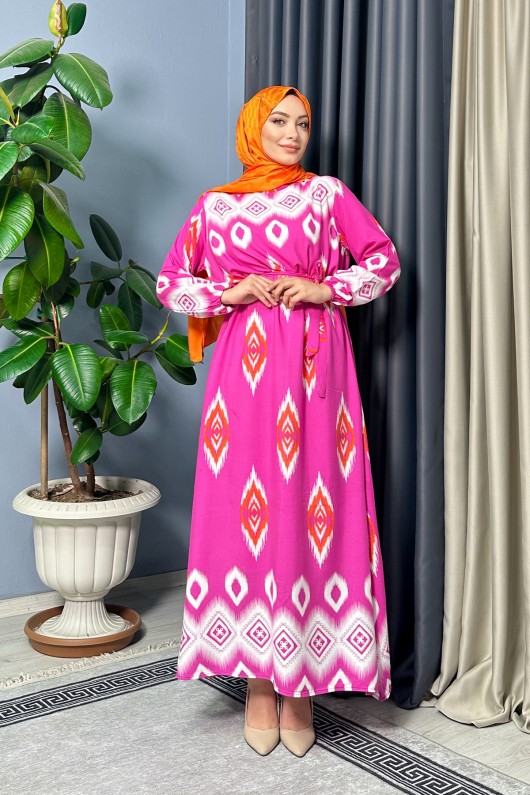 Dubai Desenli Elbise - Fuşya Dubai Desenli Elbise - Fuşya