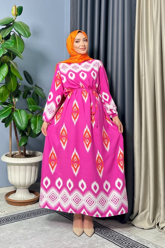 Dubai Desenli Elbise - Fuşya Dubai Desenli Elbise - Fuşya