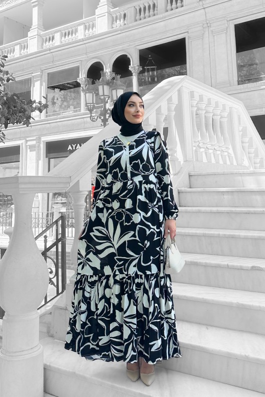 Yonca Desenli Elbise - Siyah Yonca Desenli Elbise - Siyah
