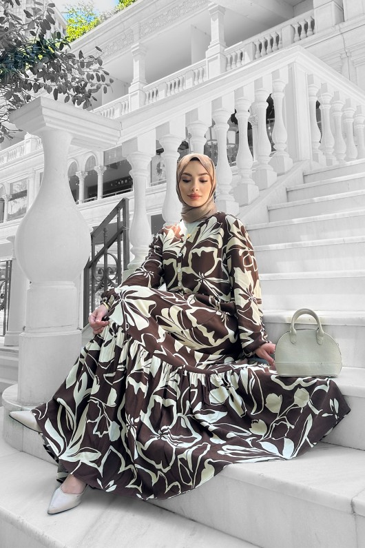 Yonca Desenli Elbise - Kahverengi Yonca Desenli Elbise - Kahverengi