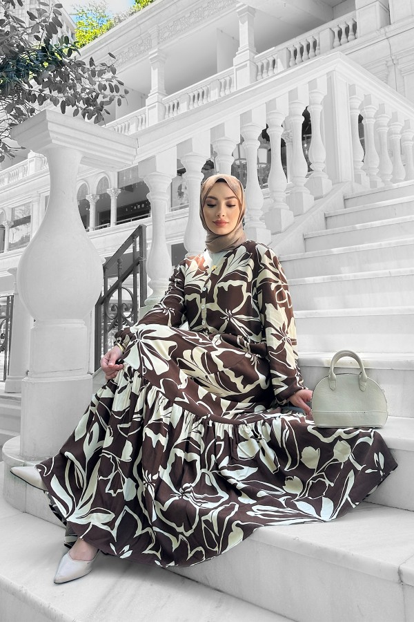 Yonca Desenli Elbise - Kahverengi
