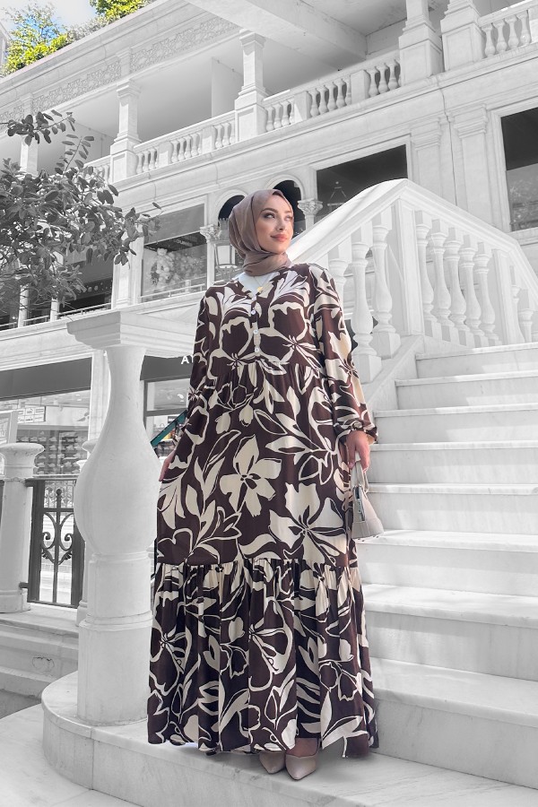 Yonca Desenli Elbise - Kahverengi