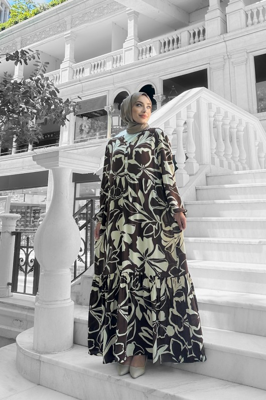 Yonca Desenli Elbise - Kahverengi Yonca Desenli Elbise - Kahverengi