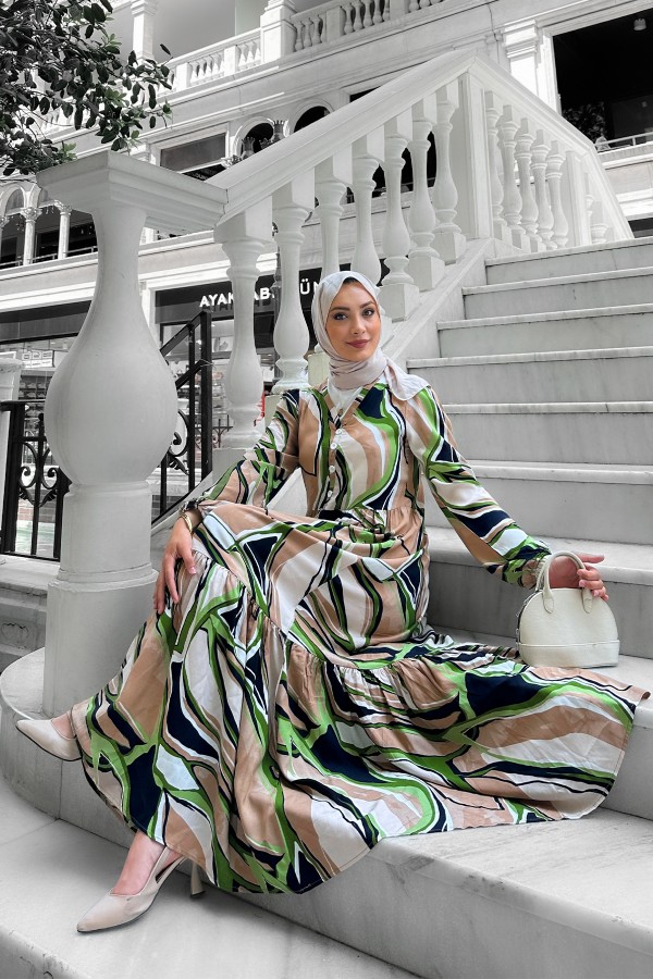 Etnik Desenli Elbise - Yeşil