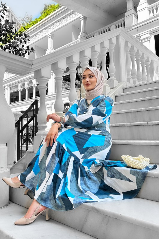 Alya Desenli Viskon Elbise Mavi Alya Desenli Viskon Elbise Mavi