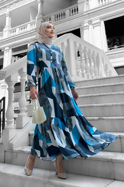 Alya Desenli Viskon Elbise Mavi Alya Desenli Viskon Elbise Mavi