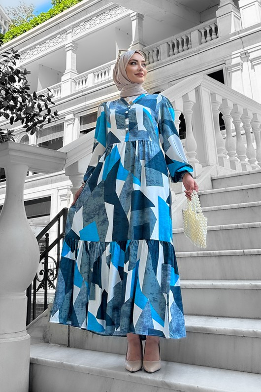 Alya Desenli Viskon Elbise Mavi Alya Desenli Viskon Elbise Mavi
