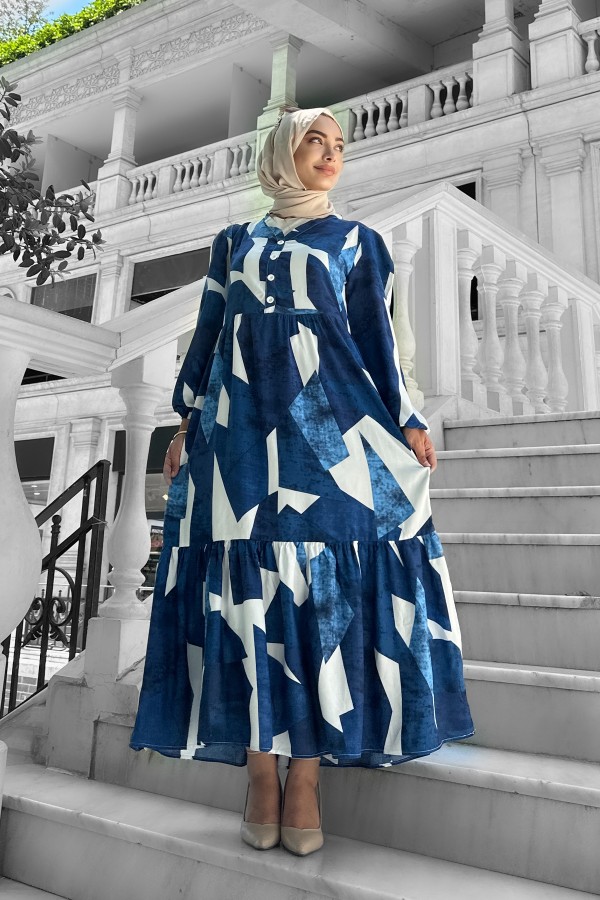 Alya Desenli Viskon Elbise Mavi