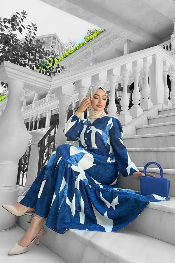 Alya Desenli Viskon Elbise Mavi