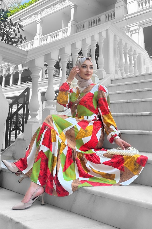 Alya Desenli Viskon Elbise Turuncu Alya Desenli Viskon Elbise Turuncu
