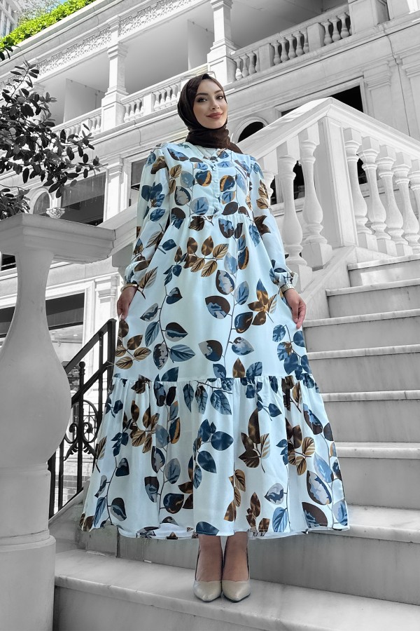 Bahar Dalı Viskon Elbise Mavi