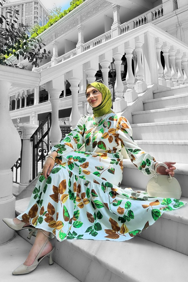 Bahar Dalı Viskon Elbise Yeşil