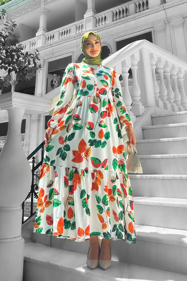 Bahar Dalı Viskon Elbise Turuncu