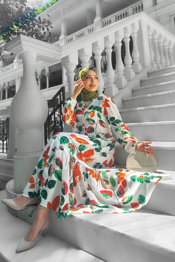 Bahar Dalı Viskon Elbise Turuncu