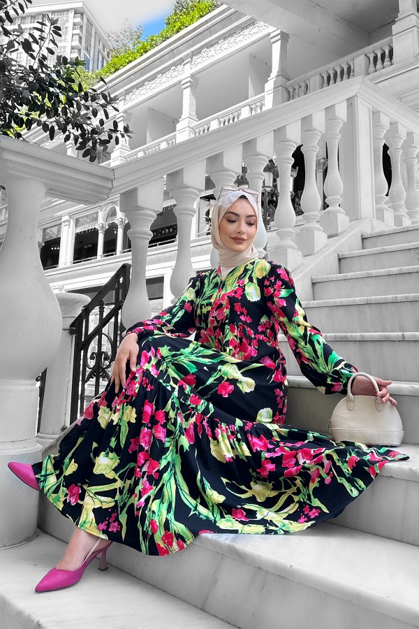 Beymen Desenli Viskon Elbise Siyah