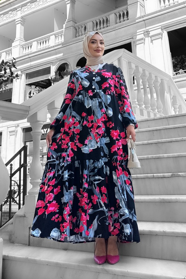 Beymen Desenli Viskon Elbise Fuşya