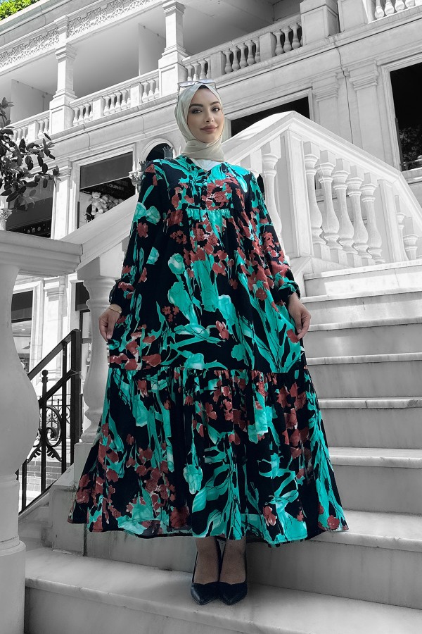 Beymen Desenli Viskon Elbise Turkuaz