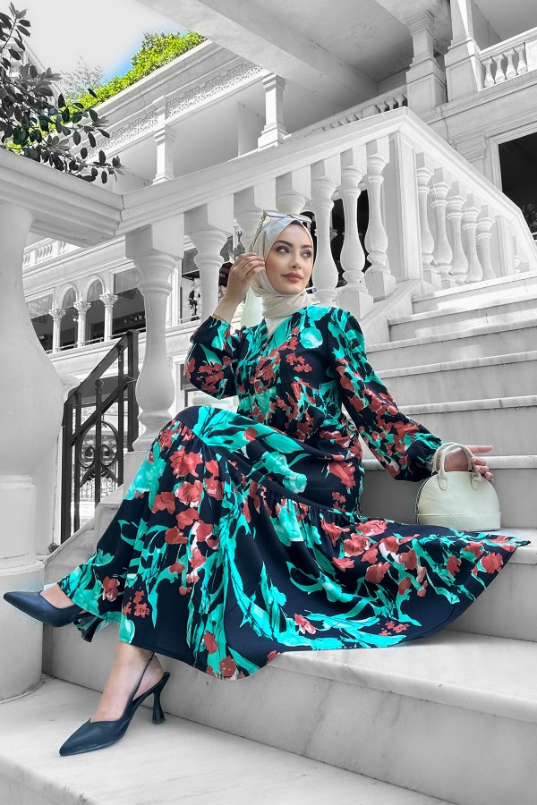 Beymen Desenli Viskon Elbise Turkuaz