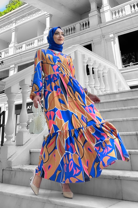 Hawai Desenli Viskon Elbise Mavi Hawai Desenli Viskon Elbise Mavi