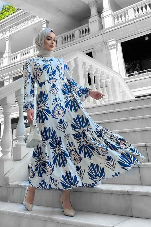 Bohem Desenli Viskon Elbise Mavi Bohem Desenli Viskon Elbise Mavi