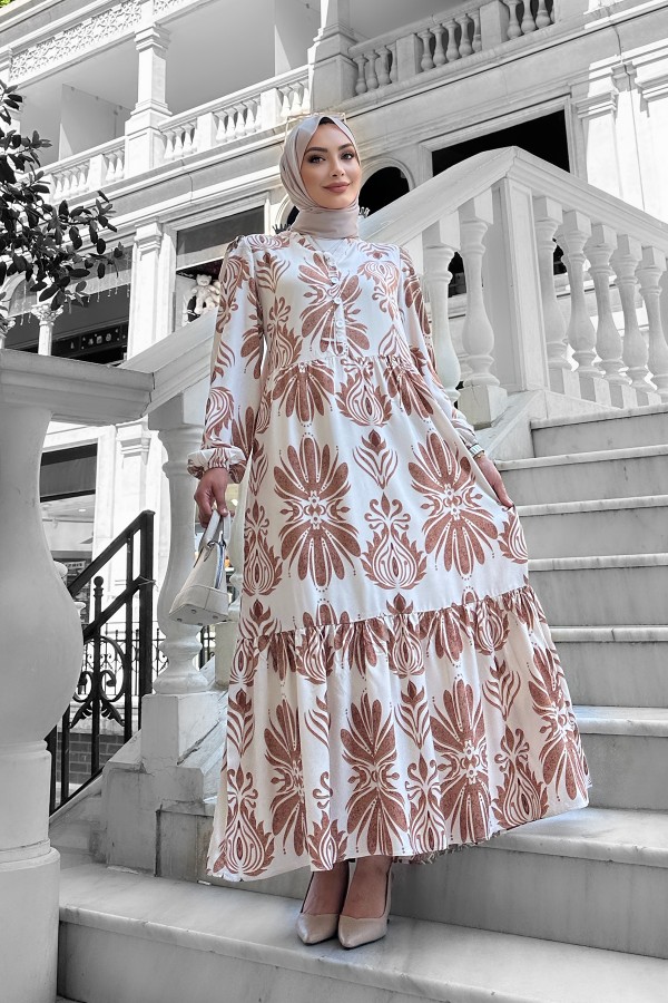 Bohem Desenli Viskon Elbise Kahverengi Bohem Desenli Viskon Elbise Kahverengi