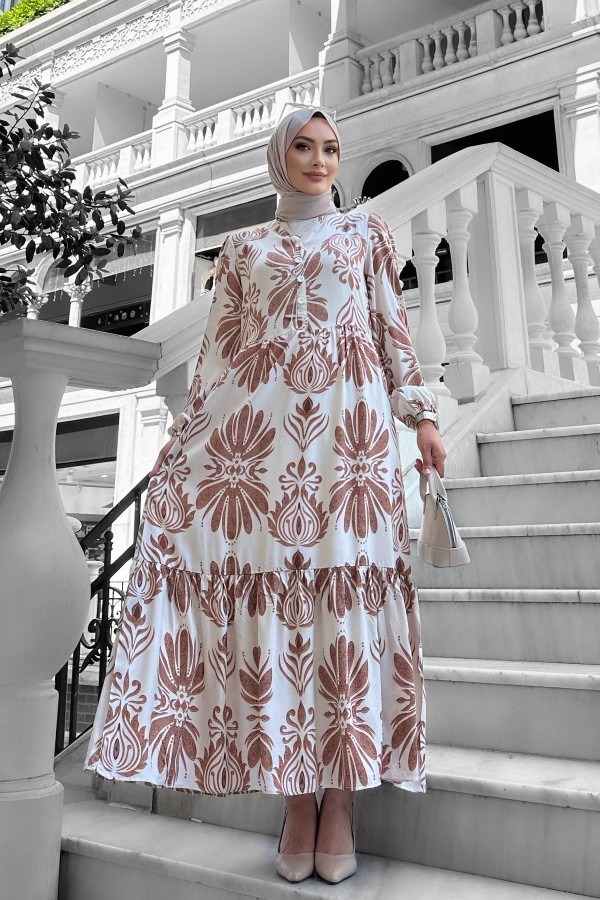 Bohem Desenli Viskon Elbise Kahverengi Bohem Desenli Viskon Elbise Kahverengi