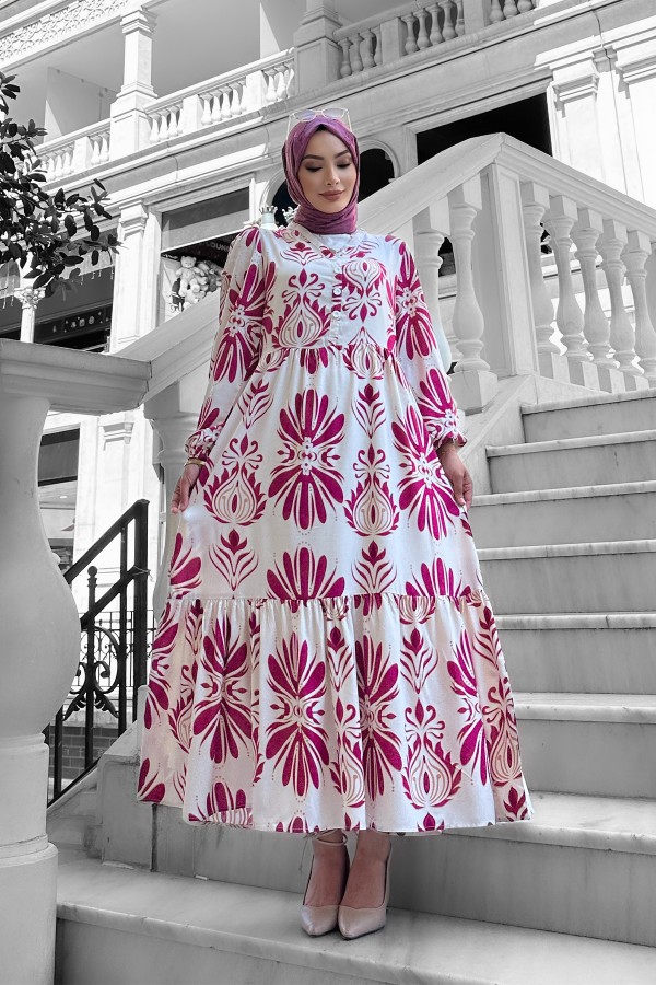 Bohem Desenli Viskon Elbise Fuşya Bohem Desenli Viskon Elbise Fuşya